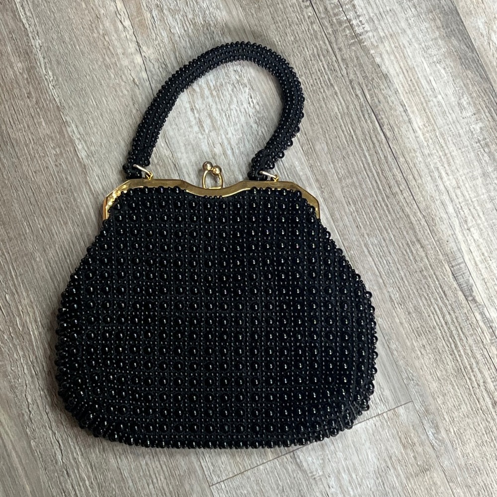 Vintage 50's Black Beaded Evening Bag Made in Hong Kong Gold Frame Clasp Purse - Picture 2 of 5